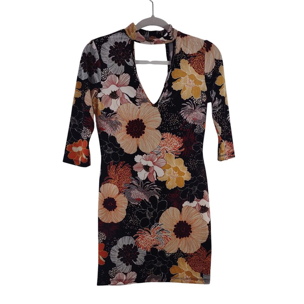 70's Stylish  Floral Mini Dress with Cut Outs, Size Small